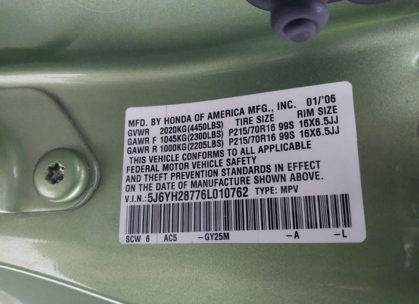 Photo 9 of 2006 Honda Element EX-P (VIN 5J6YH28776L010762)