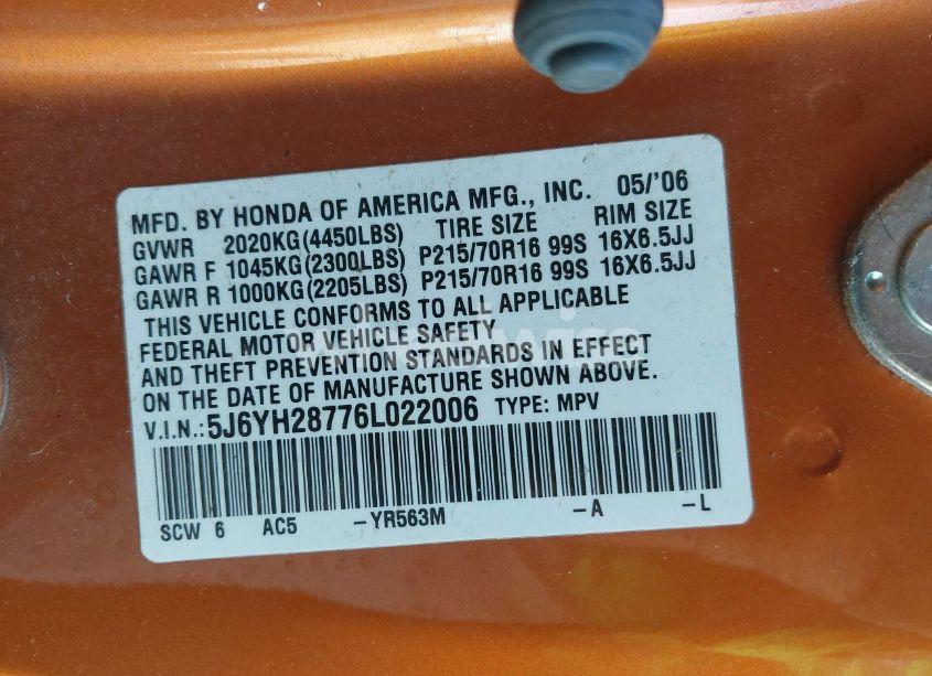 Photo 9 of 2006 Honda Element EX-P (VIN 5J6YH28776L022006)