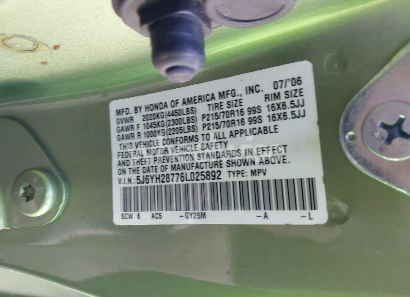 Photo 9 of 2006 Honda Element EX-P (VIN 5J6YH28776L025892)