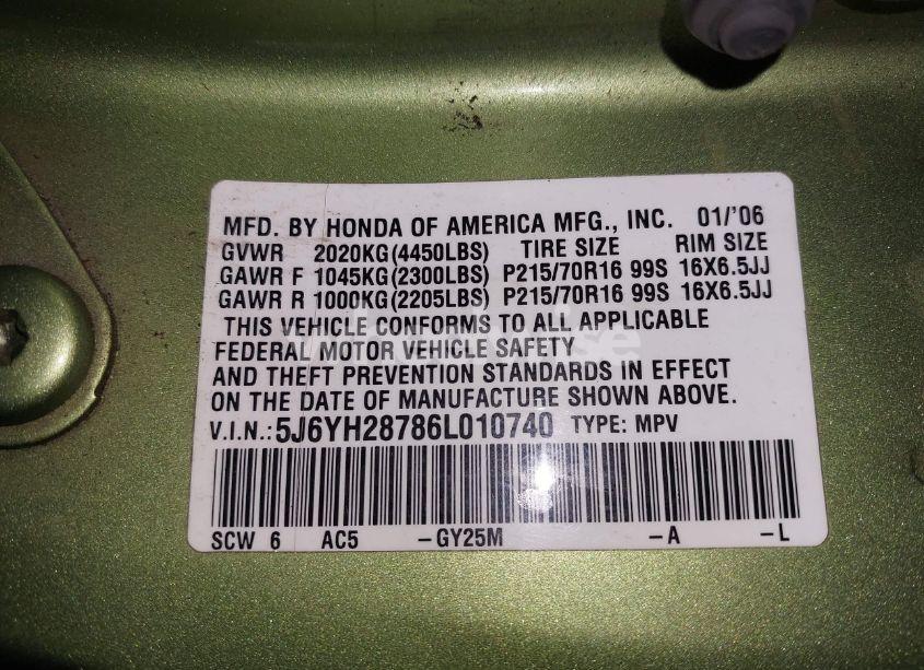Photo 9 of 2006 Honda Element EX-P (VIN 5J6YH28786L010740)