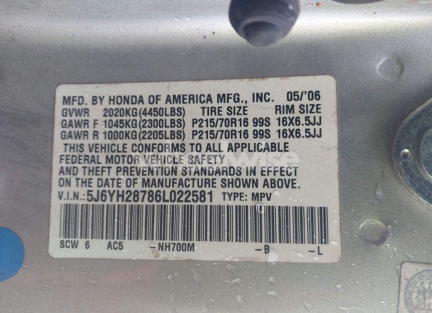 Photo 9 of 2006 Honda Element EX-P (VIN 5J6YH28786L022581)