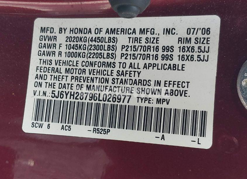 Photo 9 of 2006 Honda Element EX-P (VIN 5J6YH28796L026977)