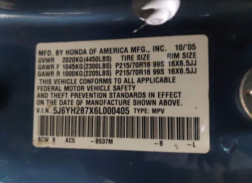 Photo 9 of 2006 Honda Element EX-P (VIN 5J6YH287X6L000405)