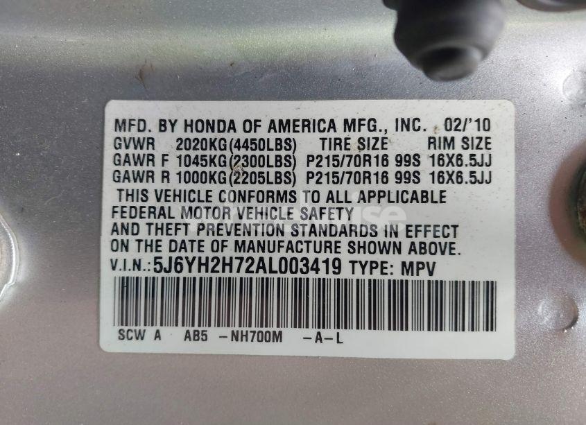 Photo 9 of 2010 Honda Element EX (VIN 5J6YH2H72AL003419)