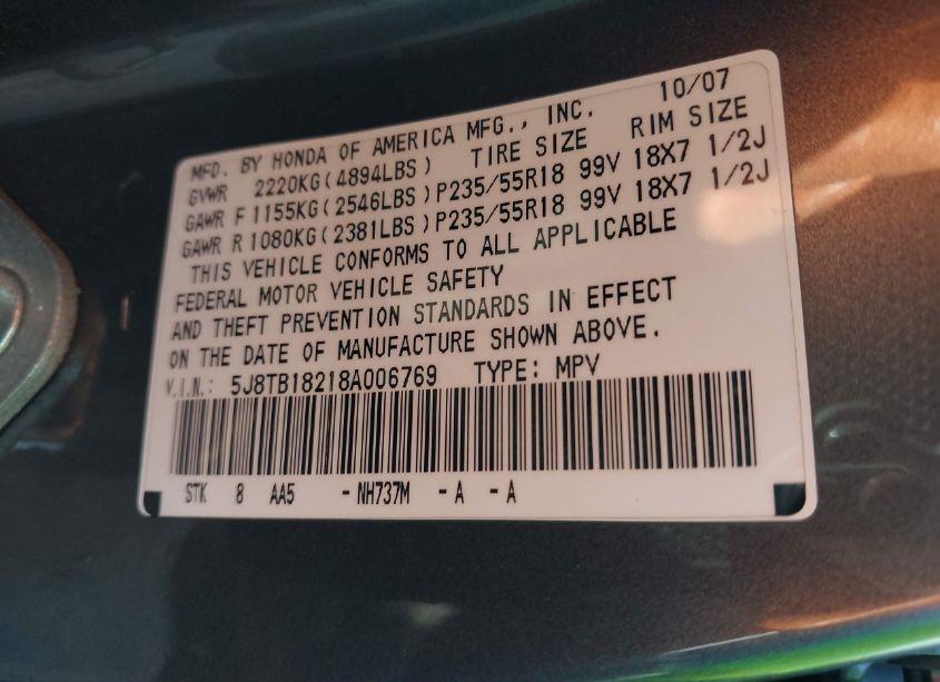 Photo 9 of 2008 Acura Rdx (VIN 5J8TB18218A006769)