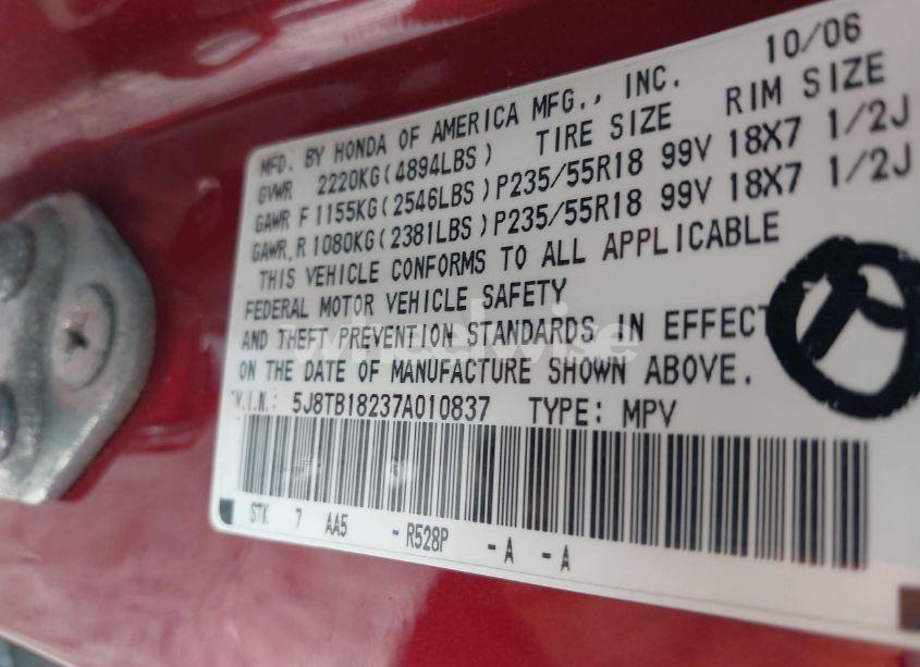 Photo 9 of 2007 Acura Rdx (VIN 5J8TB18237A010837)