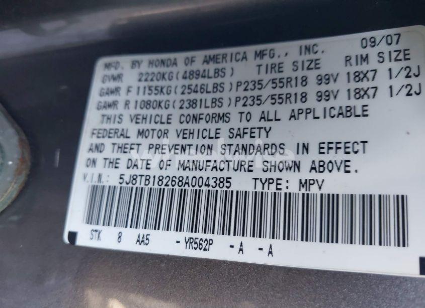 Photo 9 of 2008 Acura Rdx (VIN 5J8TB18268A004385)