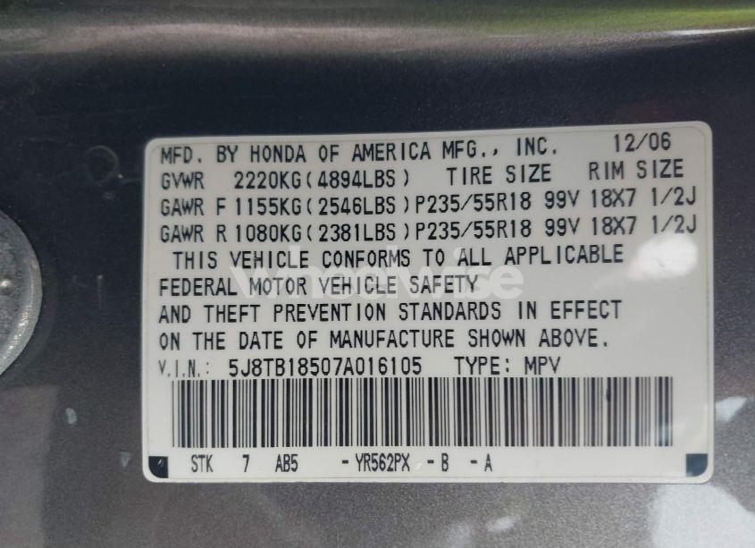 Photo 9 of 2007 Acura Rdx (VIN 5J8TB18507A016105)