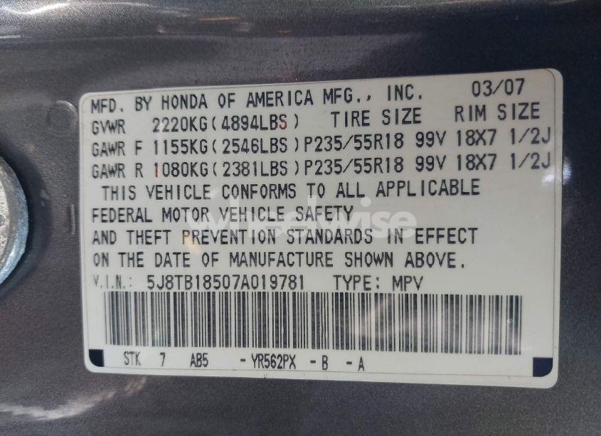 Photo 9 of 2007 Acura Rdx (VIN 5J8TB18507A019781)