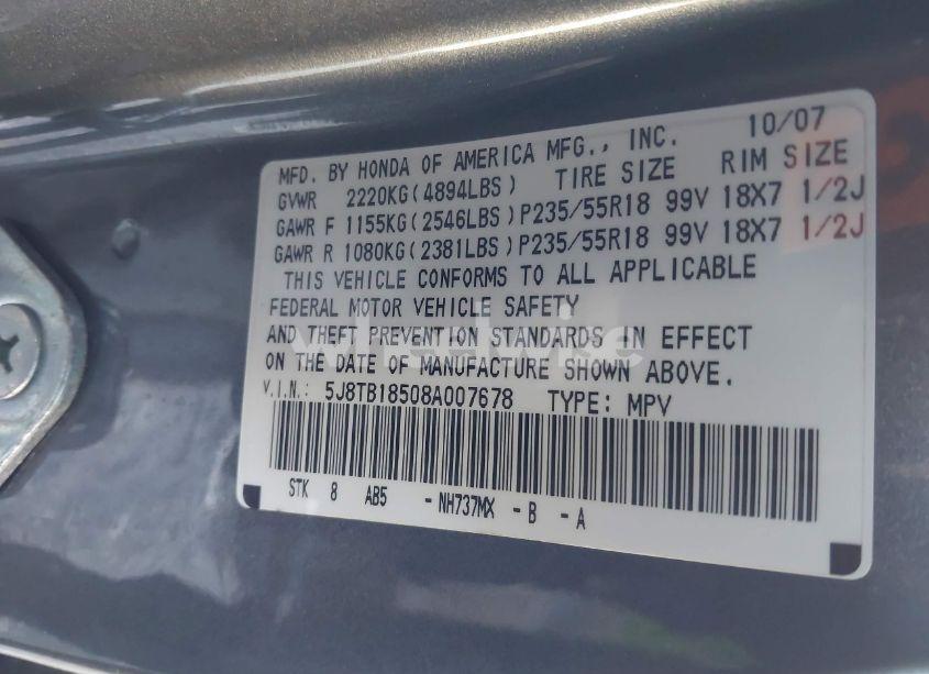 Photo 9 of 2008 Acura Rdx (VIN 5J8TB18508A007678)