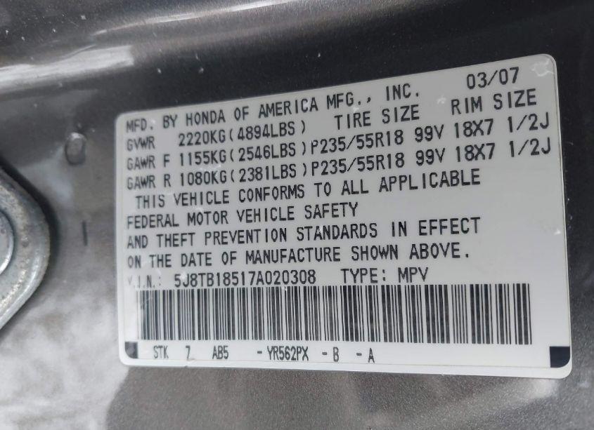 Photo 9 of 2007 Acura Rdx (VIN 5J8TB18517A020308)