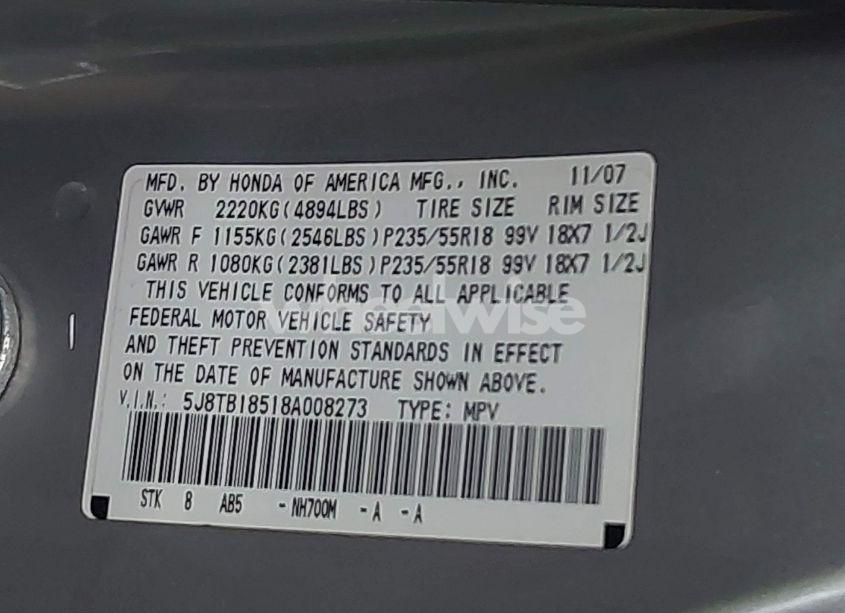 Photo 9 of 2008 Acura Rdx TECH PKG (VIN 5J8TB18518A008273)