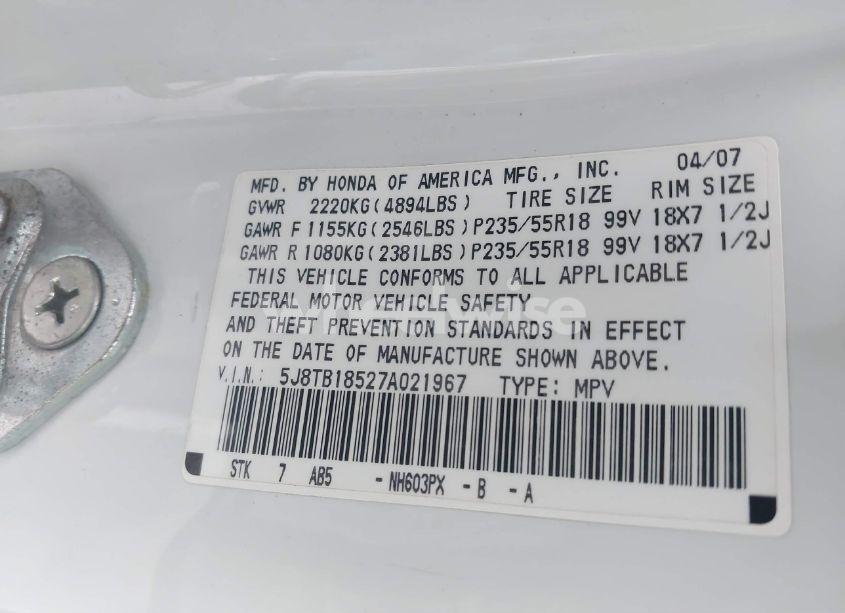 Photo 9 of 2007 Acura Rdx (VIN 5J8TB18527A021967)