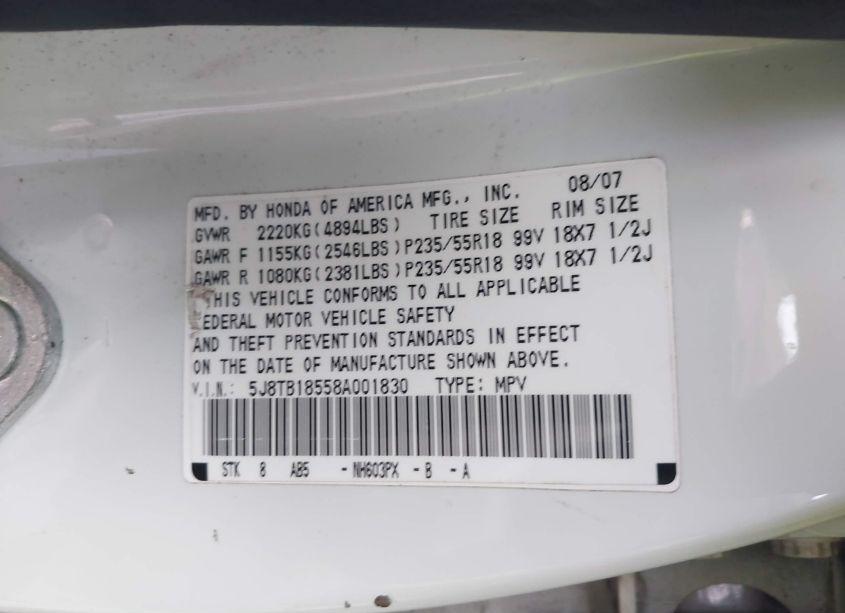 Photo 9 of 2008 Acura Rdx TECH PKG (VIN 5J8TB18558A001830)