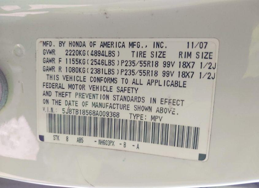 Photo 9 of 2008 Acura Rdx TECH PKG (VIN 5J8TB18568A009368)
