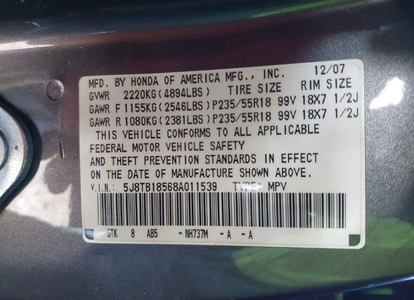 Photo 9 of 2008 Acura Rdx TECH PKG (VIN 5J8TB18568A011539)