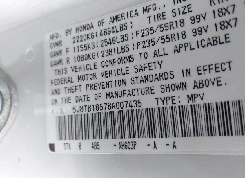 Photo 9 of 2008 Acura Rdx TECH PKG (VIN 5J8TB18578A007435)