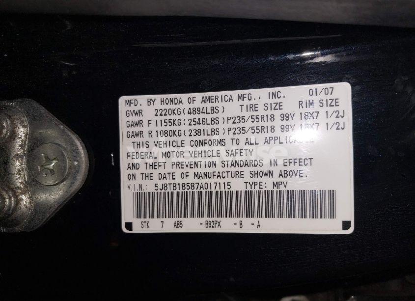Photo 9 of 2007 Acura Rdx (VIN 5J8TB18587A017115)