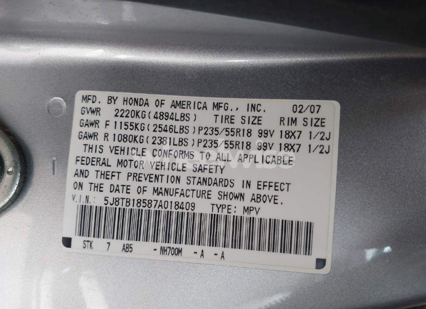 Photo 9 of 2007 Acura Rdx (VIN 5J8TB18587A018409)