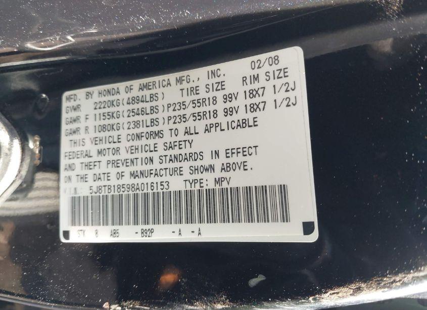Photo 9 of 2008 Acura Rdx TECH PKG (VIN 5J8TB18598A016153)