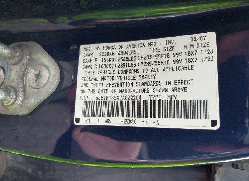 Photo 9 of 2007 Acura Rdx (VIN 5J8TB185X7A022204)