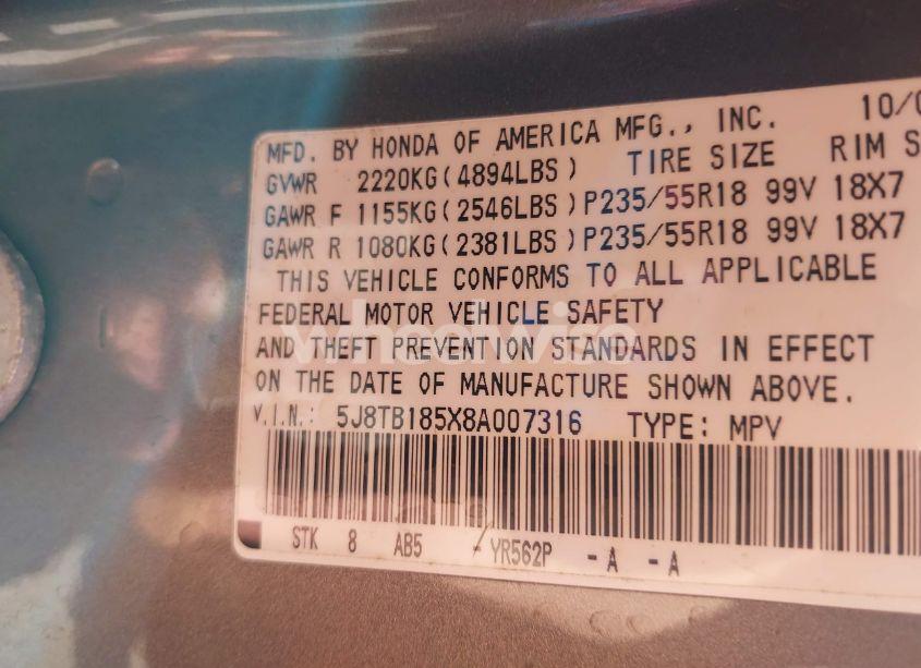 Photo 9 of 2008 Acura Rdx (VIN 5J8TB185X8A007316)