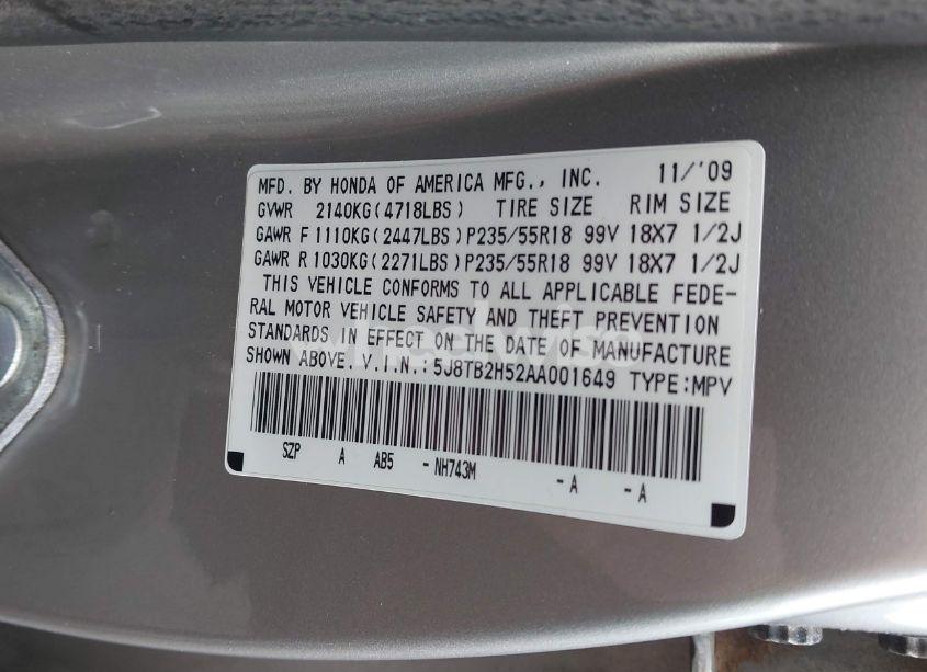 Photo 9 of 2010 Acura Rdx (VIN 5J8TB2H52AA001649)