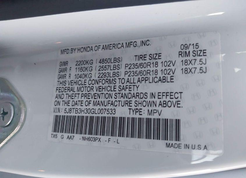 Photo 9 of 2016 Acura Rdx ACURAWATCH PLUS PKG (VIN 5J8TB3H30GL007533)