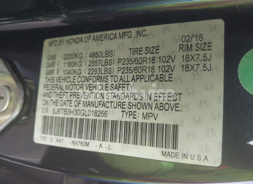 Photo 9 of 2016 Acura Rdx ACURAWATCH PLUS PKG (VIN 5J8TB3H30GL018256)