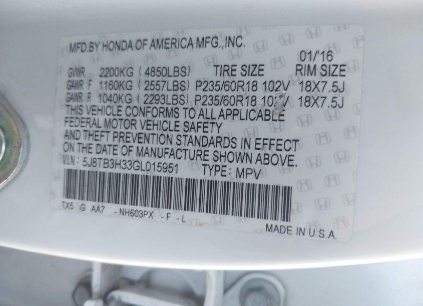 Photo 9 of 2016 Acura Rdx ACURAWATCH PLUS PKG (VIN 5J8TB3H33GL015951)