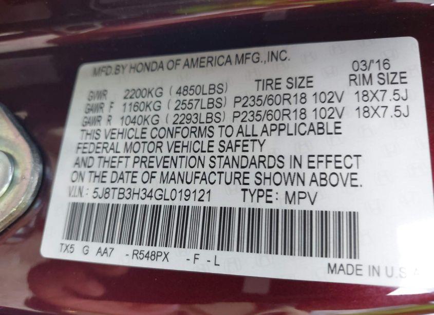 Photo 9 of 2016 Acura Rdx ACURAWATCH PLUS PKG (VIN 5J8TB3H34GL019121)