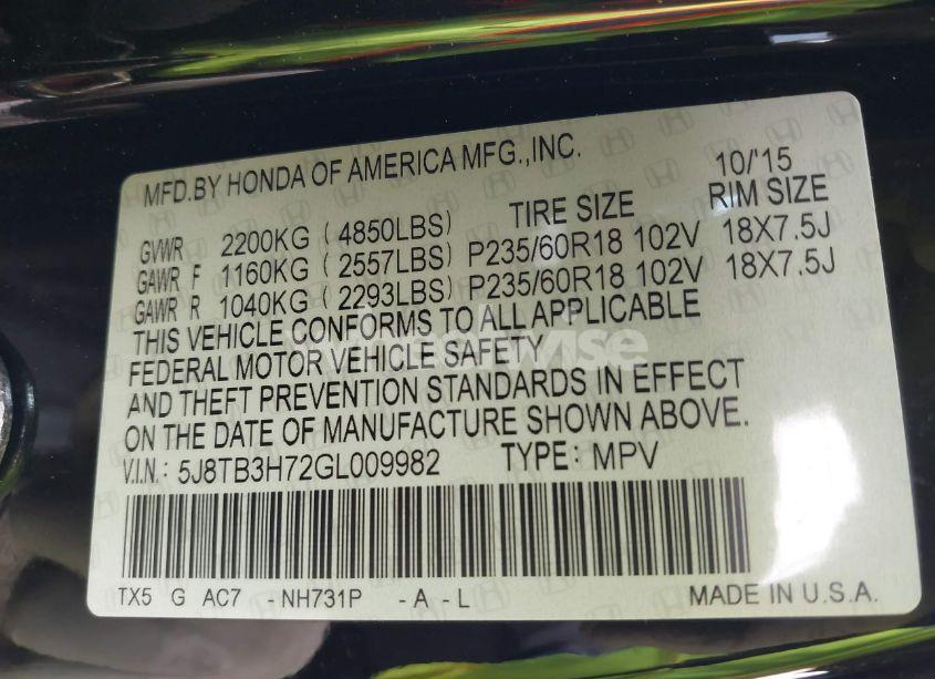 Photo 9 of 2016 Acura Rdx ADVANCE PACKAGE (VIN 5J8TB3H72GL009982)