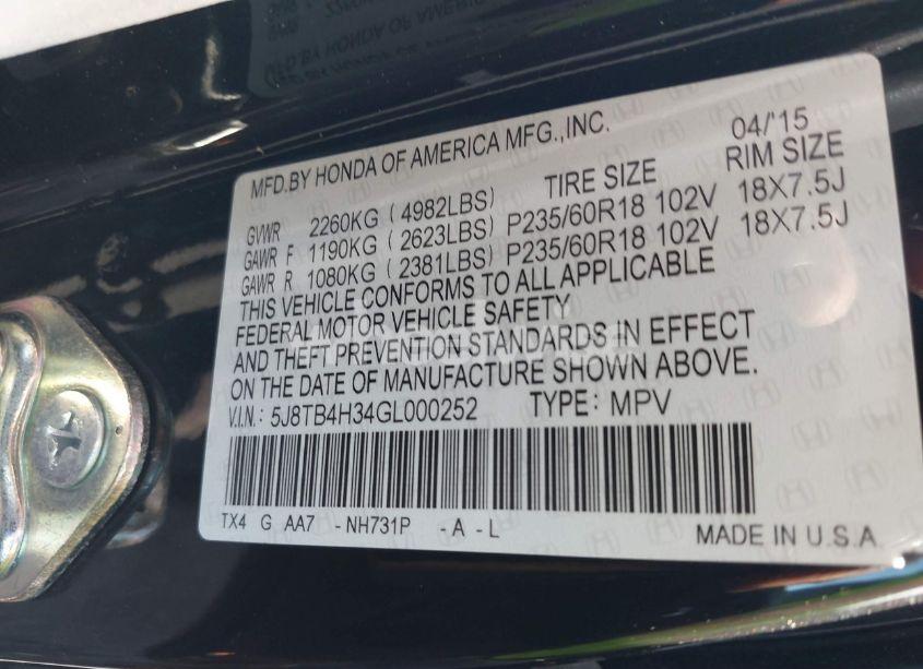 Photo 9 of 2016 Acura Rdx ACURAWATCH PLUS PACKAGE (VIN 5J8TB4H34GL000252)