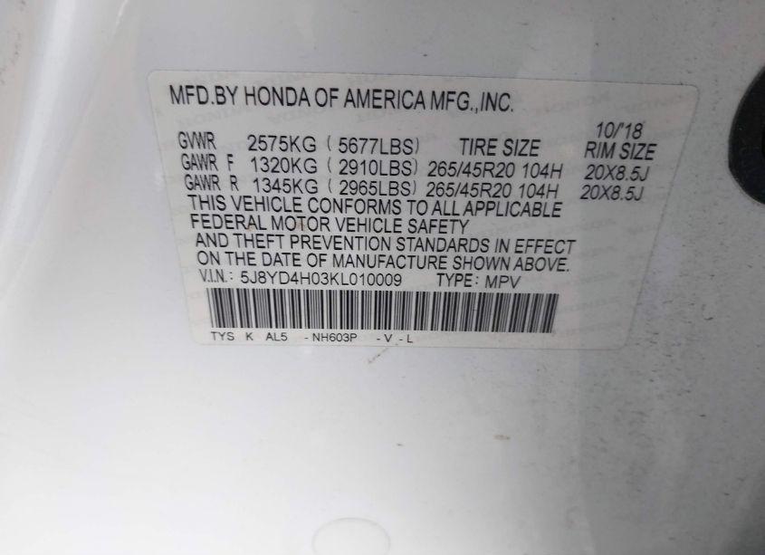 Photo 9 of 2019 Acura Mdx TECH A-SPEC PKGS (VIN 5J8YD4H03KL010009)
