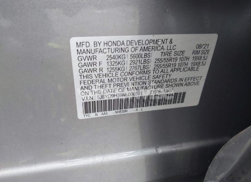 Photo 9 of 2022 Acura Mdx STANDARD (VIN 5J8YD9H36NL006581)