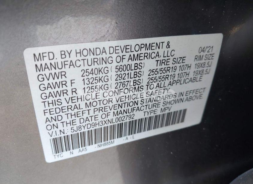 Photo 9 of 2022 Acura Mdx STANDARD (VIN 5J8YD9H3XNL002792)