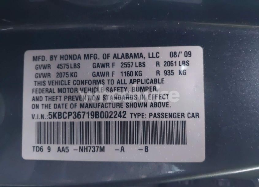 Photo 9 of 2009 Honda Accord 3.5 EX (VIN 5KBCP36719B002242)