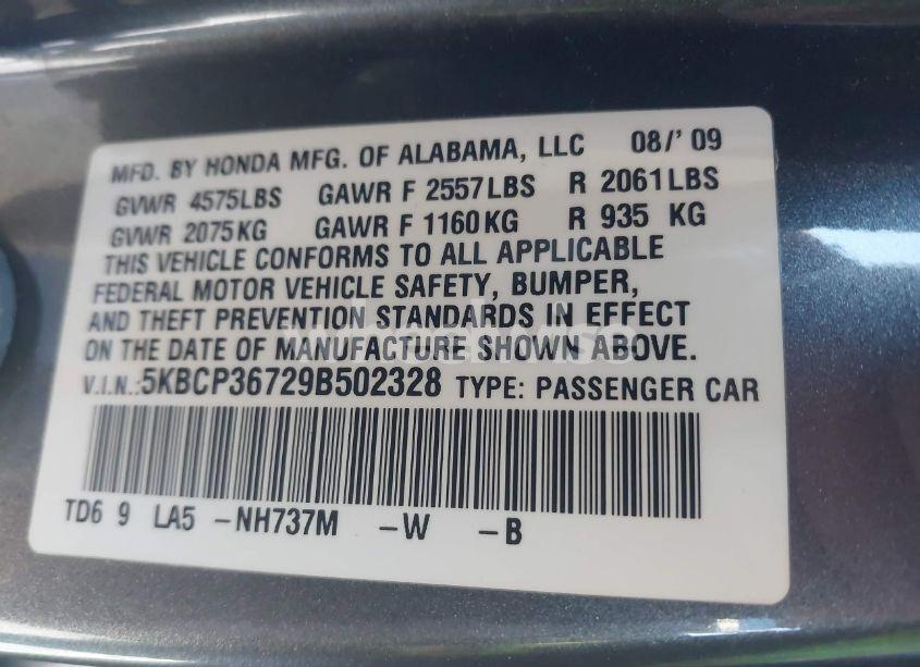 Photo 9 of 2009 Honda Accord 3.5 EX (VIN 5KBCP36729B502328)