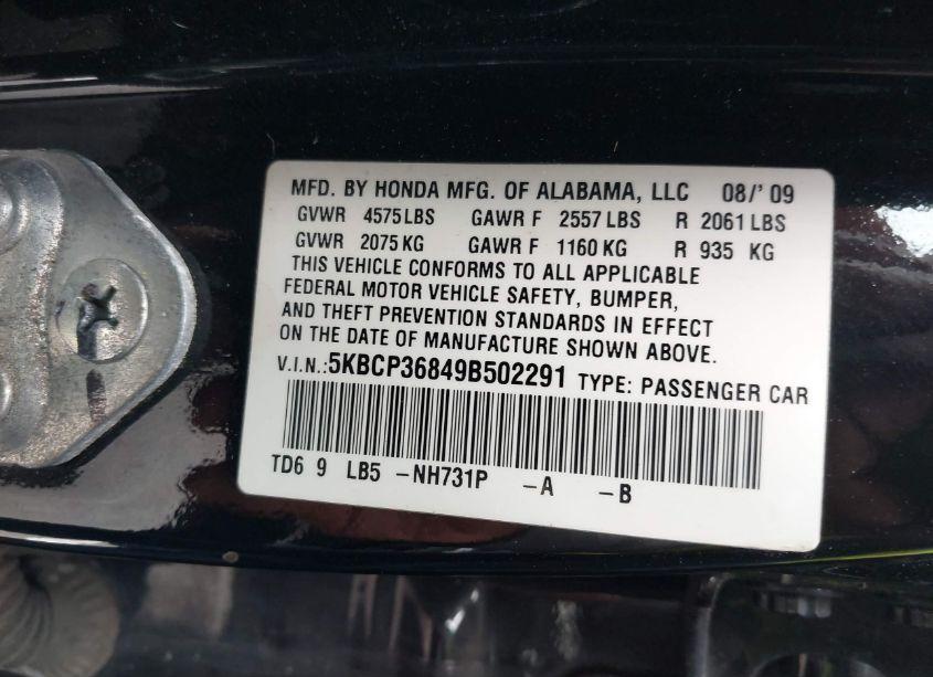 Photo 9 of 2009 Honda Accord 3.5 EX-L (VIN 5KBCP36849B502291)