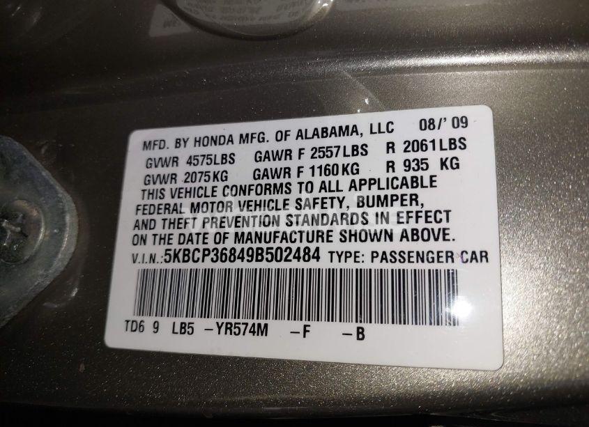 Photo 9 of 2009 Honda Accord 3.5 EX-L (VIN 5KBCP36849B502484)