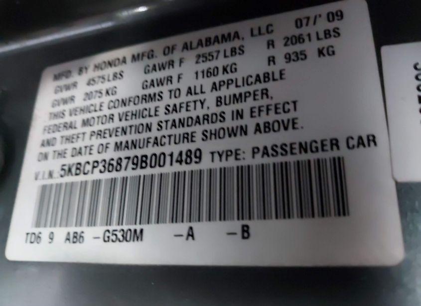 Photo 9 of 2009 Honda Accord 3.5 EX-L (VIN 5KBCP36879B001489)