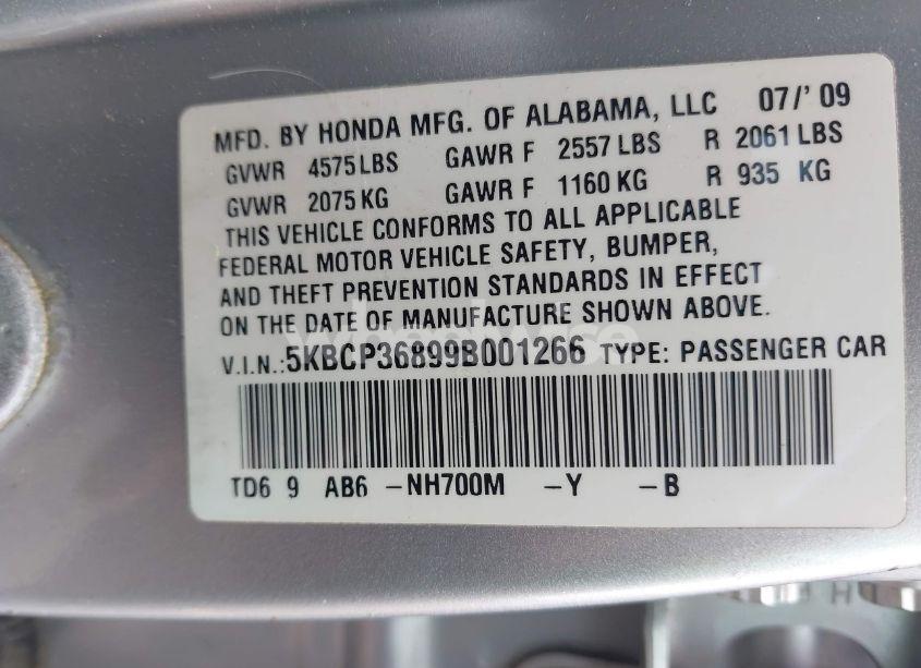 Photo 9 of 2009 Honda Accord 3.5 EX-L (VIN 5KBCP36899B001266)