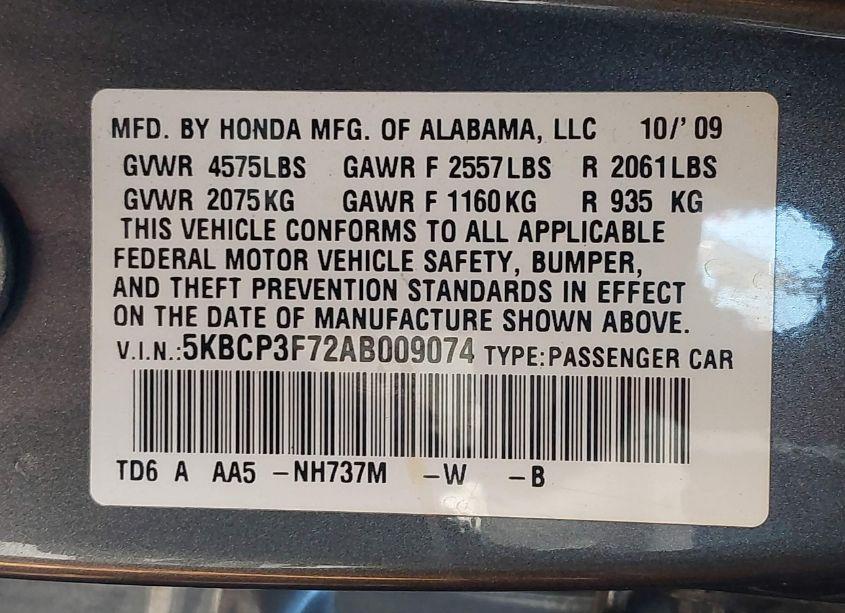 Photo 9 of 2010 Honda Accord 3.5 EX (VIN 5KBCP3F72AB009074)