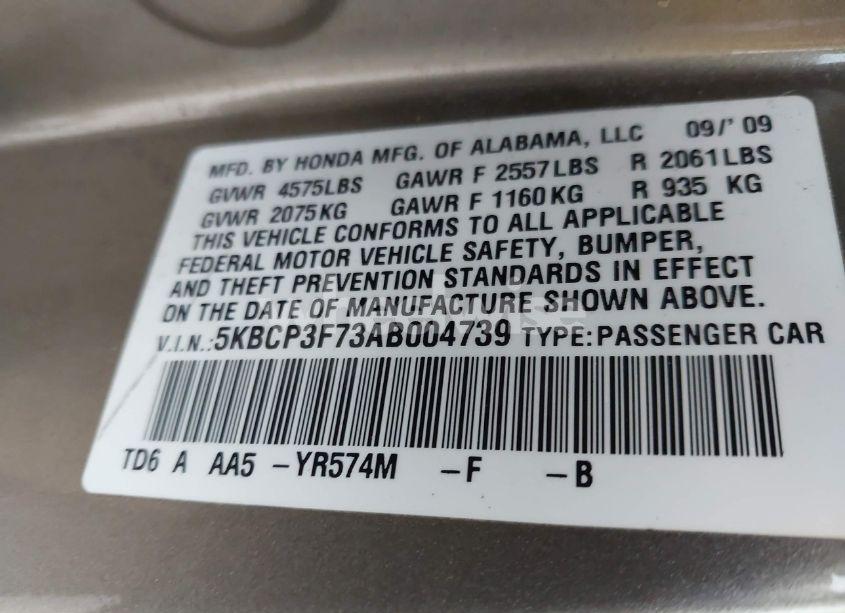 Photo 9 of 2010 Honda Accord 3.5 EX (VIN 5KBCP3F73AB004739)