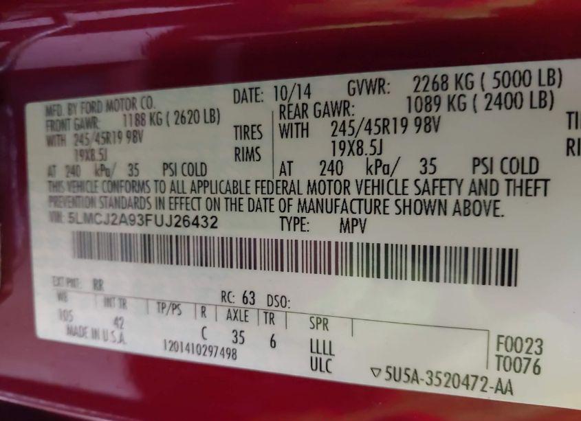 Photo 9 of 2015 Lincoln Mkc N/A (VIN 5LMCJ2A93FUJ26432)