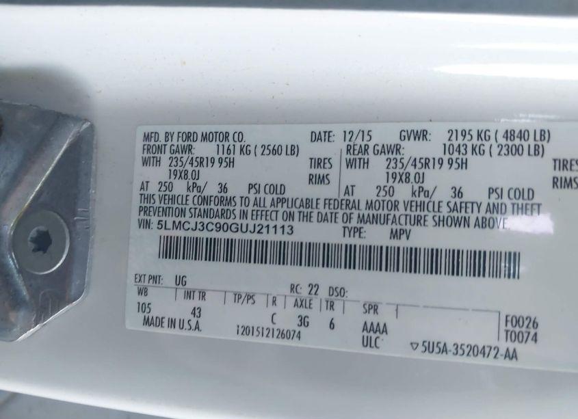 Photo 9 of 2016 Lincoln Mkc RESERVE (VIN 5LMCJ3C90GUJ21113)