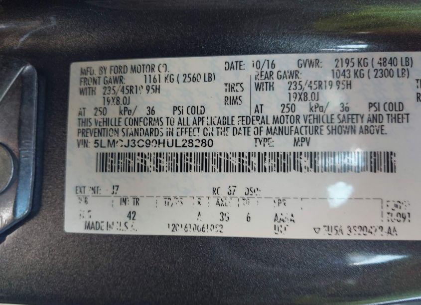 Photo 9 of 2017 Lincoln Mkc RESERVE (VIN 5LMCJ3C90HUL28280)