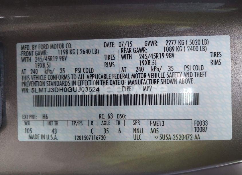 Photo 9 of 2016 Lincoln Mkc RESERVE (VIN 5LMTJ3DH0GUJ03524)