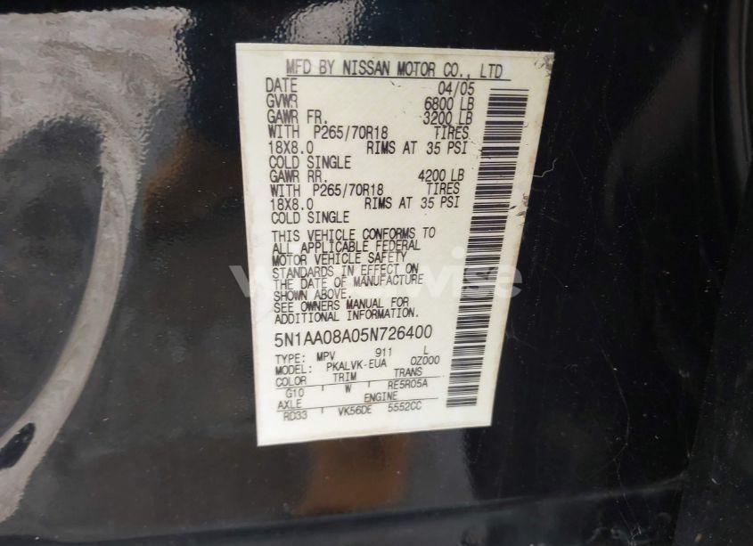 Photo 9 of 2005 Nissan Armada LE (VIN 5N1AA08A05N726400)