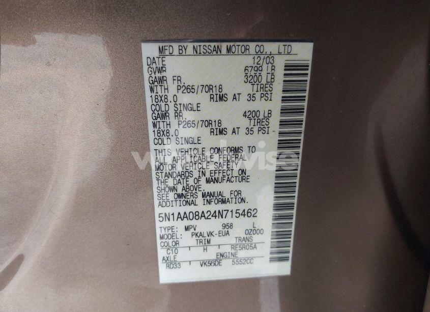 Photo 9 of 2004 Nissan Pathfinder ARMADA LE (VIN 5N1AA08A24N715462)